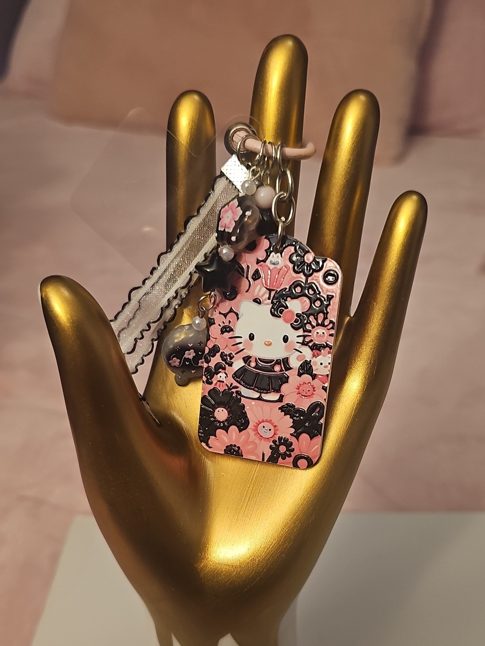 CHARMS: Hello Kitty Pink and Black Floral Tag Charm with Ribbon - Picture 2 of 3